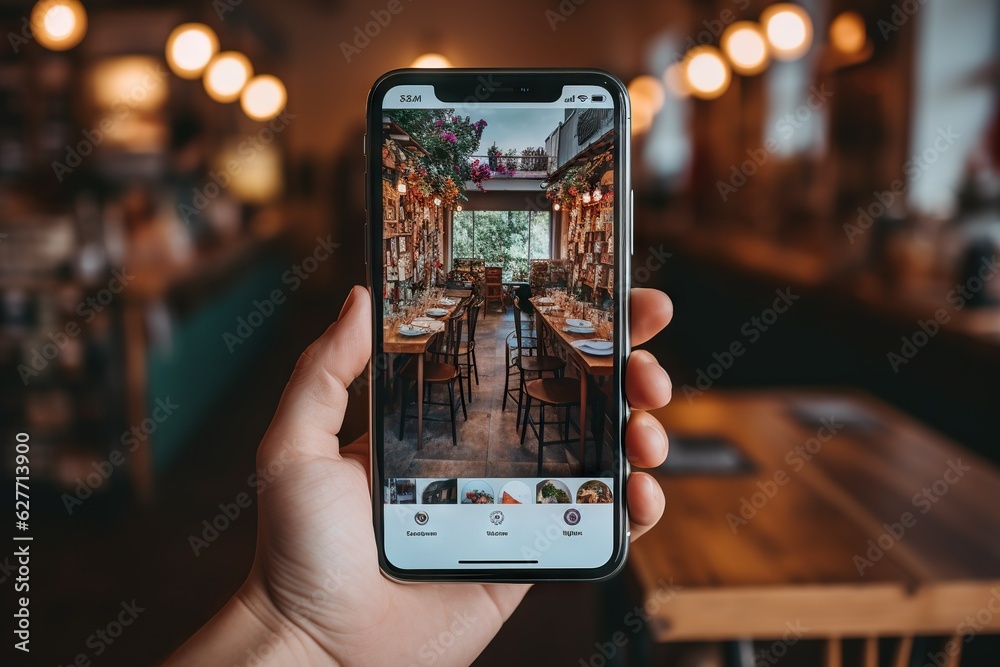 Poster top view image of a person editing photos using a mobile photo editing app holding generative ai