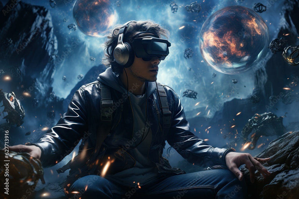 Poster top view image of a person exploring a virtual reality science fiction or fantasy world video game g