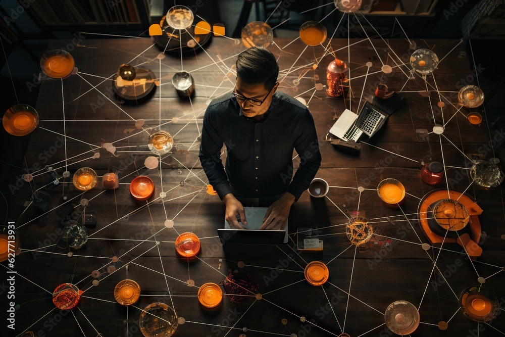 Poster top view image of a person managing network network asset inventory and documentation illustration g