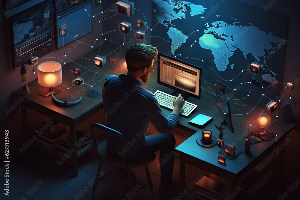 Fototapete top view image of a person managing network network port security and mac address filtering connecti