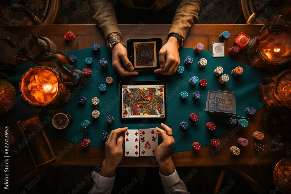 Poster top view image of a person playing a card game on a tablet gambling chip generative ai