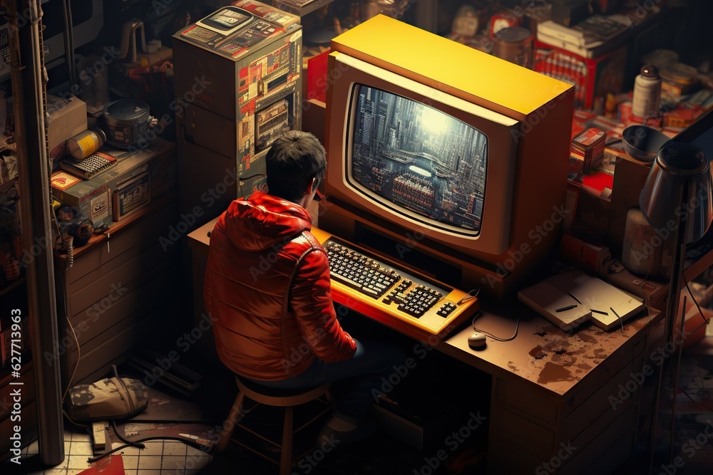 Poster top view image of a person playing a retro arcade game on a desktop computer working generative ai