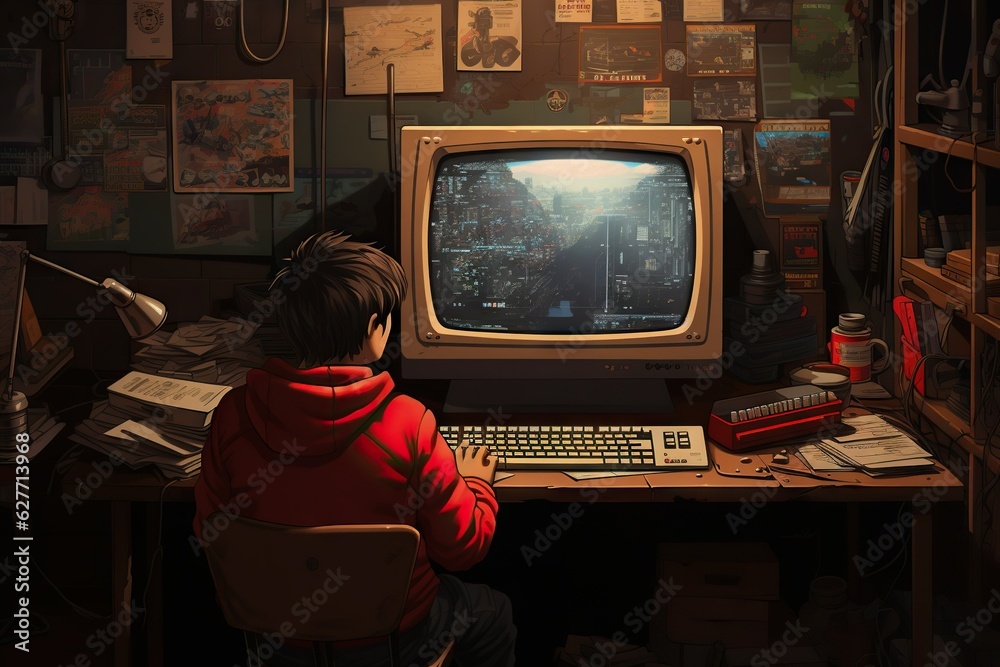 Poster top view image of a person playing a retro arcade game on a desktop computer copy space generative a