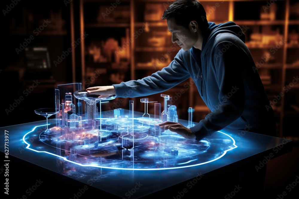 Poster top view image of a person using a 3d holographic display for advanced data visualization expertise 