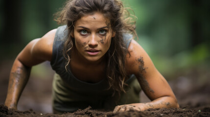 Young woman crawling on the ground , front face view