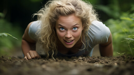 Young woman crawling on the ground , front face view - Powered by Adobe