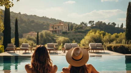 Fotobehang Beautiful classy women laying by the pool of a Tuscan Villa with luxury pool , background with cypress trees and beautiful vista © Keitma