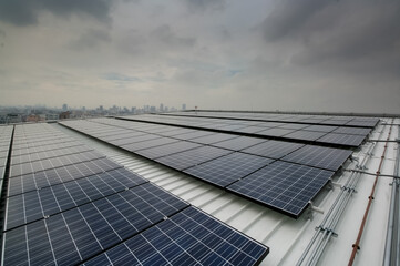 solar panels on the roof and city background