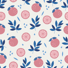 Summer seamless pattern with oranges, leaves, branches on white background
