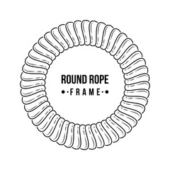 Hand drawn round rope frame. Circle rope, rounded border and decorative marine cable frame circle isolated on white background. Cordage knot stamp in linear style. Nautical twisted knot vector.