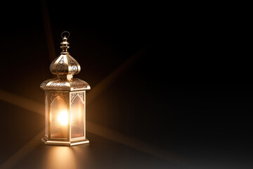 3d illustration isolated of Islamic background with ramadan lantern. 3d still life for greeting cards for ramadan kareem, mawlid, iftar, isra miraj, eid al fitr adha and muharram isolated on black.