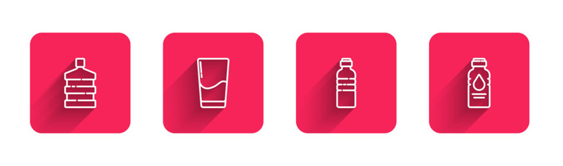 Set line Big bottle with clean water, Glass, Bottle of and with long shadow. Red square button. Vector