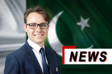 News anchor, tells the latest news, smiling, against the background of the flag of Pakistan