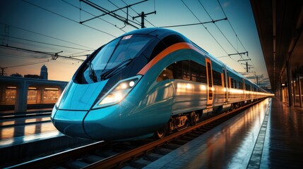 Fototapeta premium High-speed train in motion blur. Concept of speed and motion, Generative AI