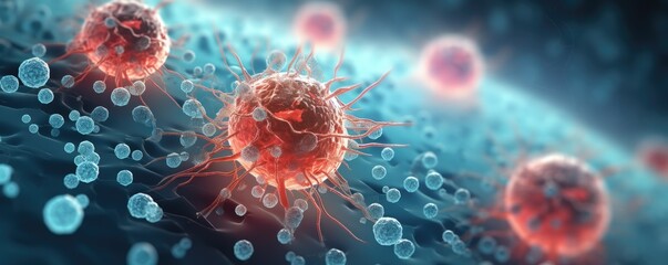 Molecular structure of cancer cells under microscope, realistic macro body panorama.