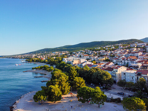 drone view of the coastal town of Crikvenica in Croatia. Holiday by the sea in Europe