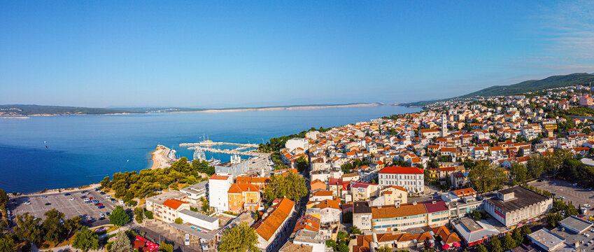 drone view of the coastal town of Crikvenica in Croatia. Holiday by the sea in Europe