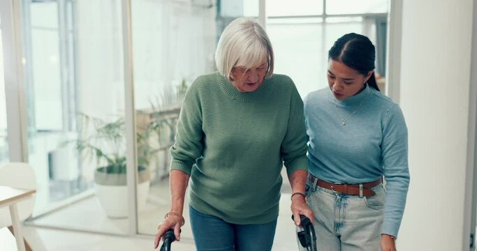 Woman, nurse and patient with walker in elderly care for physiotherapy or walking at clinic. Female physiotherapist or caregiver assisting senior client or person with a disability in rehabilitation