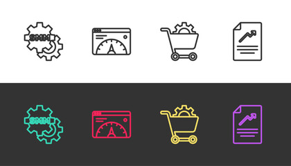 Set line Social media marketing, Website statistic, Shopping cart and Document with graph chart on black and white. Vector