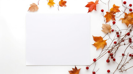 Fototapeta premium Autumn Serenity: Minimalist Paper Amidst Colorful Leaves. Generative AI
