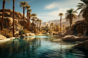 Peaceful Oasis with Palm Trees and a Sparkling Pool, Generative AI