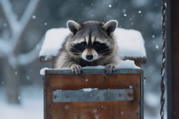 Cheerful Raccoon Having Fun on a Snowy Mailbox in Winter Wonderland - AI generated