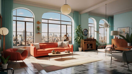 A retro-inspired apartment with terrazzo floors, mid-century furniture, and windows showcasing a charming vintage cityscape. Generative AI