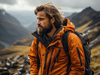 In daytime, side view of male photographer in outerwear standing on top of rocky cliff near active volcano Fagradalsfjall in Iceland with black lava. Generative AI.