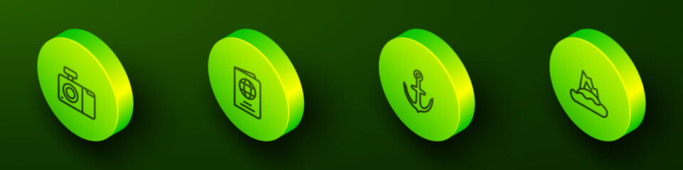 Set Isometric line Photo camera, Passport, Anchor and Tropical island in ocean icon. Vector