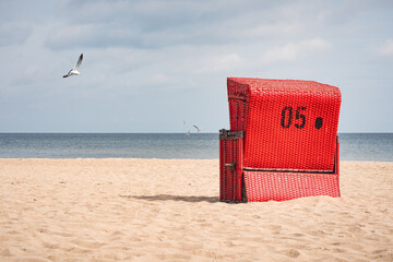 Empty red beach chair on the beach of the Baltic Sea. In the background you can see seagull.