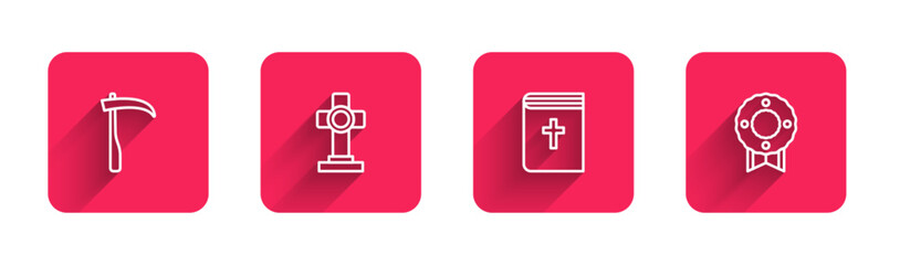 Set line Scythe, Grave with cross, Holy bible book and Memorial wreath with long shadow. Red square button. Vector