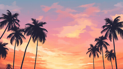 Fototapeta na wymiar Palm trees against orange pink sky at sunset