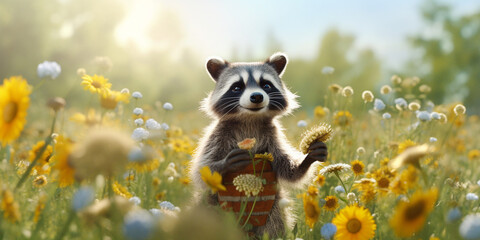 Fototapeta premium Adorable Raccoon Frolicking on a Blossoming Meadow Among Colorful Flowers - AI generated