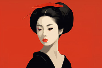 Simple illustration of a japanese women in bold color, copy space, expression, purpose, geisha