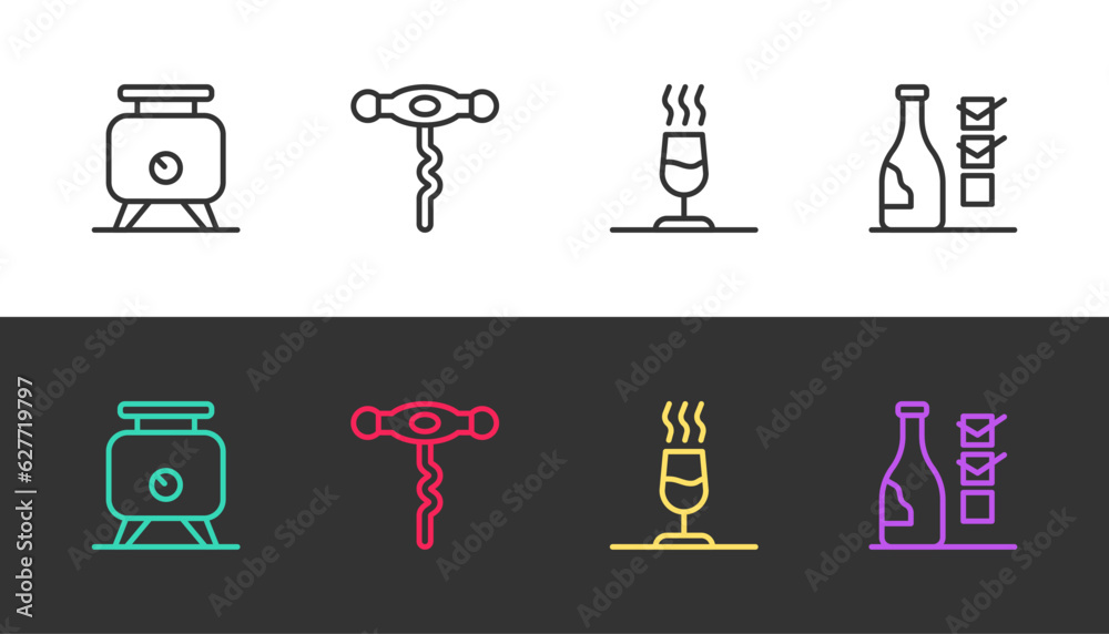 Sticker set line fermentation of grapes, wine corkscrew, tasting, degustation and bottle wine on black and w