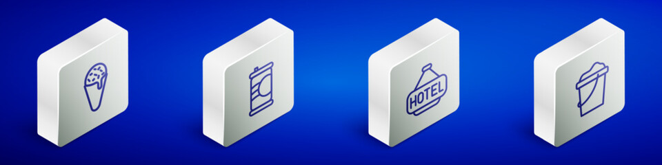 Set Isometric line Ice cream in waffle cone, Soda can, Signboard with text Hotel and Sand bucket icon. Vector