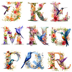 Floral Harmony: An Exquisite Floral Alphabet Letter Adorned with Flowers and a Hummingbird. Generative Ai