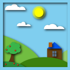 illustration effect of cut paper landscape with a house and an apple tree