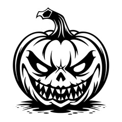 Creepy Jack O Lantern pumpkin black silhouette. Halloween retro vector illustration in grunge style. Black outline art.