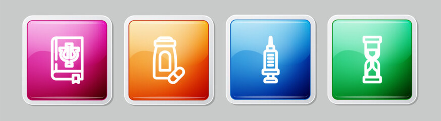 Set line Psychology book, Psi, Sedative pills, Addiction to the drug and Old hourglass. Colorful square button. Vector