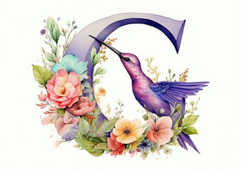 Floral Harmony: An Exquisite Floral Alphabet Letter Adorned with Flowers and a Hummingbird. Generative Ai