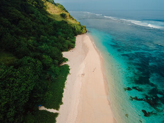 Scenic beach with forest on cliffs and ocean in Bali island. Aerial view of vacation beach
