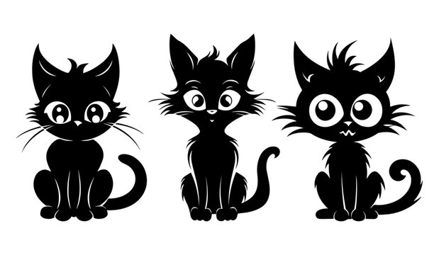 Cute Halloween cats clipart black silhouette. Witchy vector illustration. Black outline pet art.