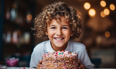 Kid having fun during birthday party with cake and confetti