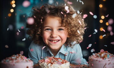 Naklejka premium Kid having fun during birthday party with cake and confetti