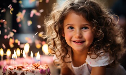 Kid having fun during birthday party with cake and confetti - obrazy, fototapety, plakaty