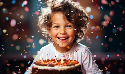 Kid having fun during birthday party with cake and confetti
