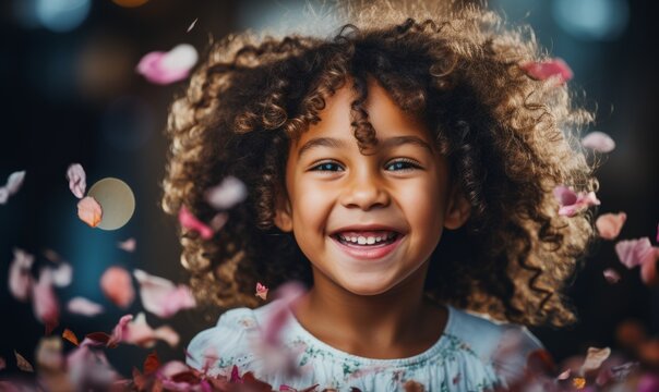 Kid having fun during birthday party with cake and confetti