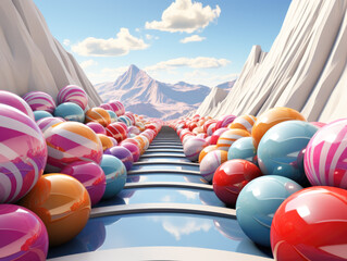 Pop art illustration featuring 3D balls in the style of the Candy Crush game, viewed from the top. Generative AI.