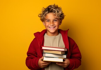 Kid with backpack and books on yellow background